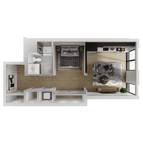Floor plan for 1 bed, 1 bath, 595 sqft